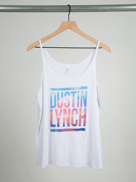 Sunset white slouchy ladies tank front Dustin Lynch